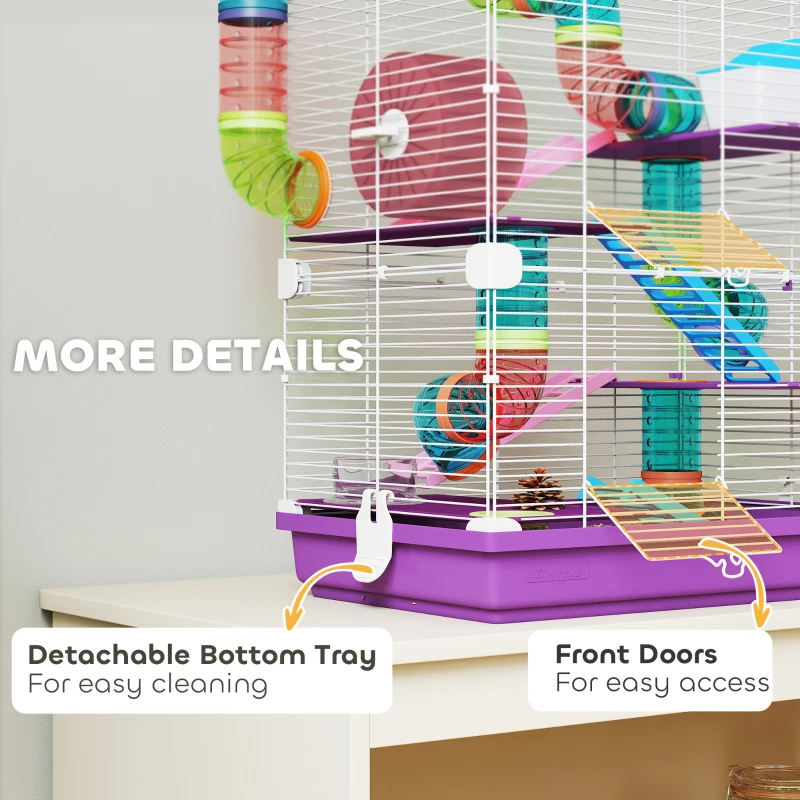 PawHut 5 Tiers Hamster Cage Portable with Exercise Wheels Play Tube Water Bottle Dishes House Ladder for Gerbils, Purple