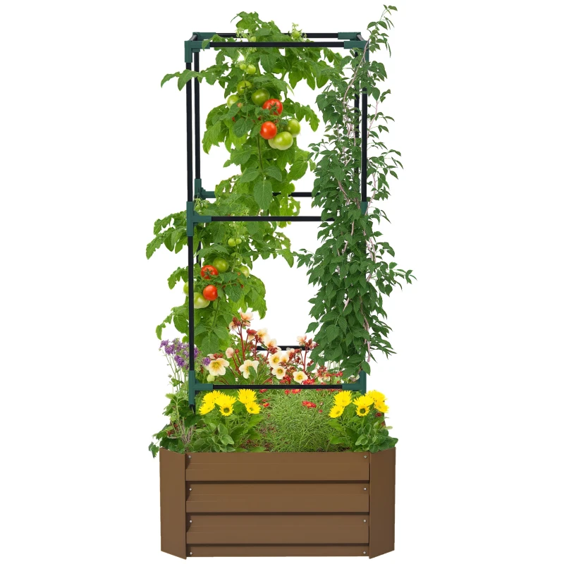 Outsunny Galvanized Planter Box, 24" x 24" x 55" Raised Garden Bed with Tomato Cage for Climbing Vines, Brown