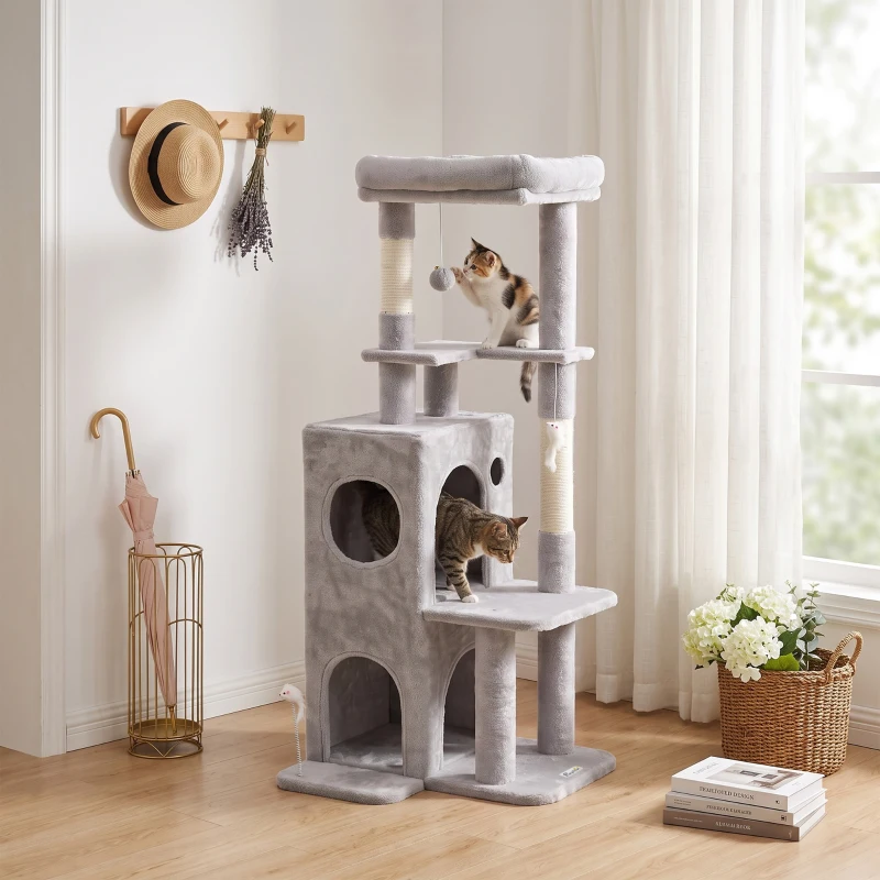 PawHut 52" Cat Tree, Multi-Level Large Cat Tower House with 2-Tier Condo, Bed, Sisal Scratching Posts, Light Grey
