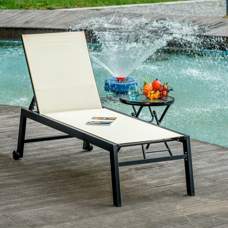 Outsunny Outdoor Chaise Lounge with Wheels, Five Position Recliner for Sunbathing, Suntanning, Steel Frame, Cream White