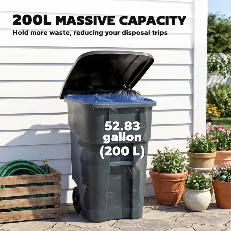 Outsunny Outdoor Garbage Bin with Lid and Wheels, 53 Gallon Large Trash Can Garbage Can with Handle for Patio, Yard, Dark Grey