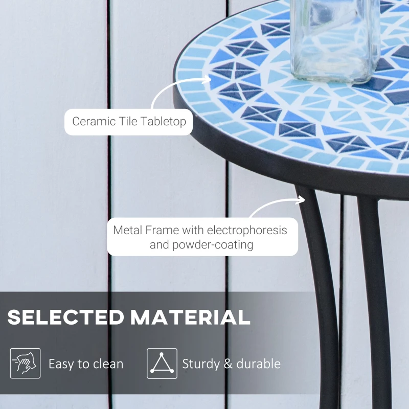 Outsunny Mosaic Patio Table, Round Coffee Table with Metal Frame, Garden Furniture for Outdoor, Poolside, Blue
