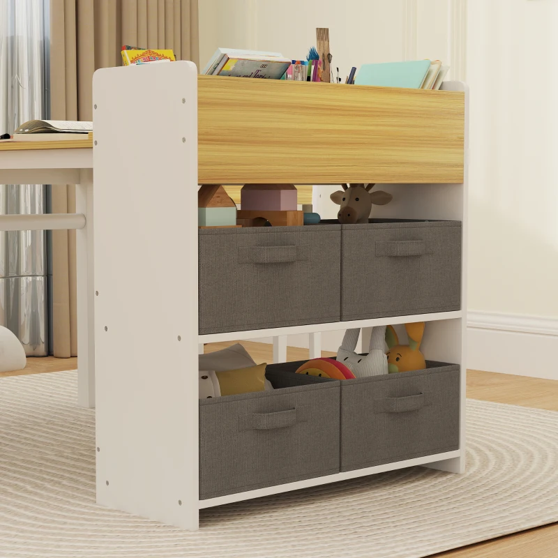 Qaba Kids Desk and Chair Set with Paper Roll, Kids Activity Craft Table with Storage Shelves and Drawers, Natural Wood