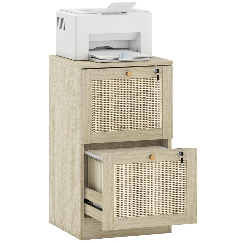 HOMCOM 2 Drawer Filing Cabinet with Lock, Boho File Cabinet for A4 Letter Size Files with Decorative Rattan Accents, Oak