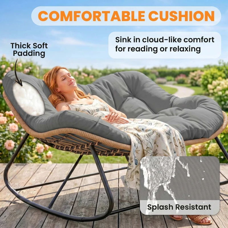 Outsunny Indoor Outdoor Double Papasan Rocking Chair, Oversized Rocking Egg Chair with Cushion for Garden, Patio, Gray