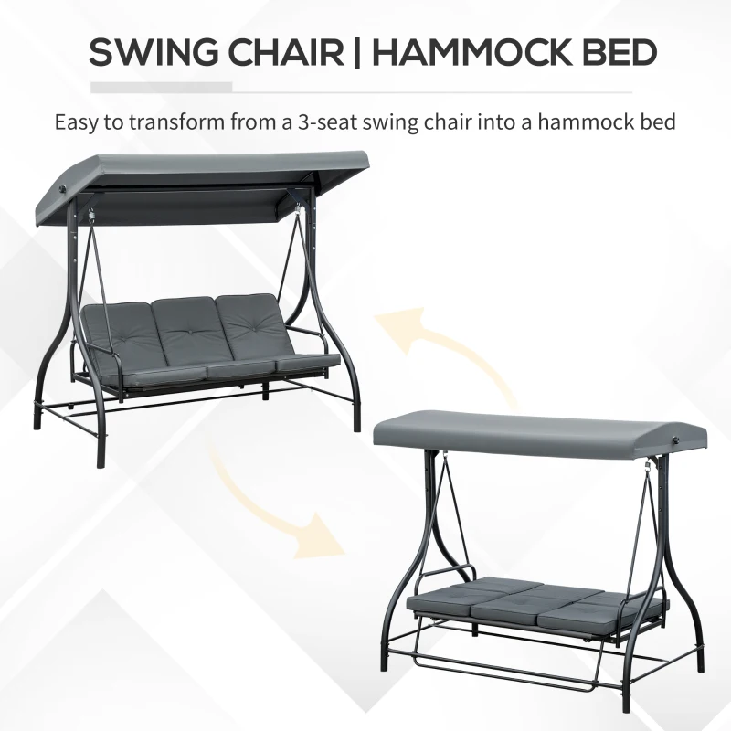 Outsunny Convertible Patio Swing Bed with Canopy and Cushions, 3 Seater Porch Swing for Outdoor, Backyard, Garden, Dark Grey