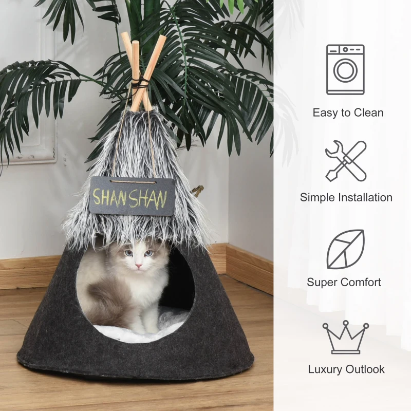 PawHut Pet Teepee Tent Cat Bed Dog House with Thick Cushion Chalkboard for Kitten and Puppy up to 13lbs 28inch Grey