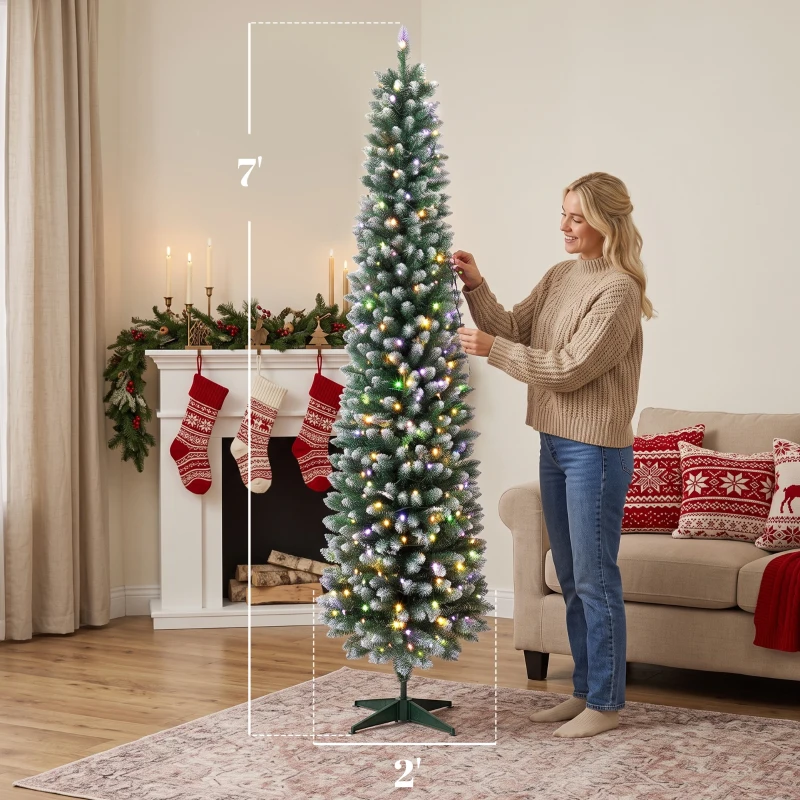 HOMCOM 7ft Pencil Prelit Christmas Tree, Dual Color LEDs, Flocked, Remote, Slim Xmas Tree with 11 Modes, Green White