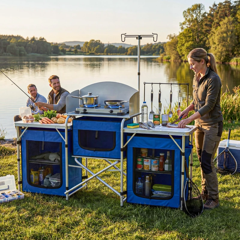 Outsunny Aluminum Camping Kitchen, Portable Folding Camping Table with Fabric Cupboards, Windshield, Bag for BBQ, Picnic, Blue