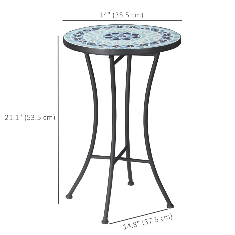 Outsunny Mosaic Patio Table, Round Coffee Table with Metal Frame, Garden Furniture for Outdoor, Poolside, Blue