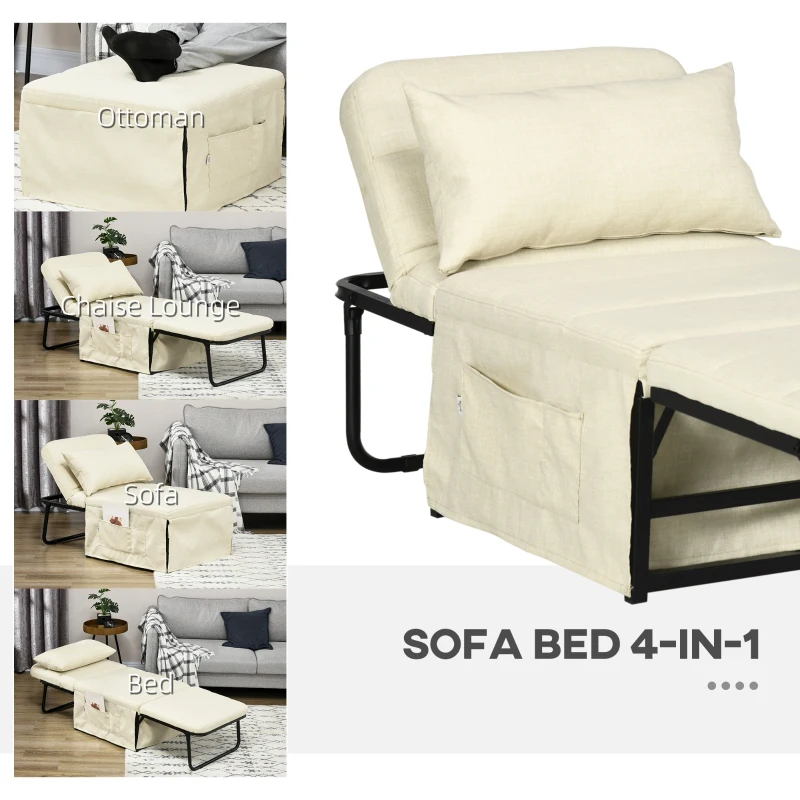 HOMCOM Folding Sofa Bed, 4-in-1 Multi-Function Sleeper Chair Bed Ottoman with Adjustable Backrest, Pillow, Side Pocket for Home Office, Bedroom, Living Room, Cream White