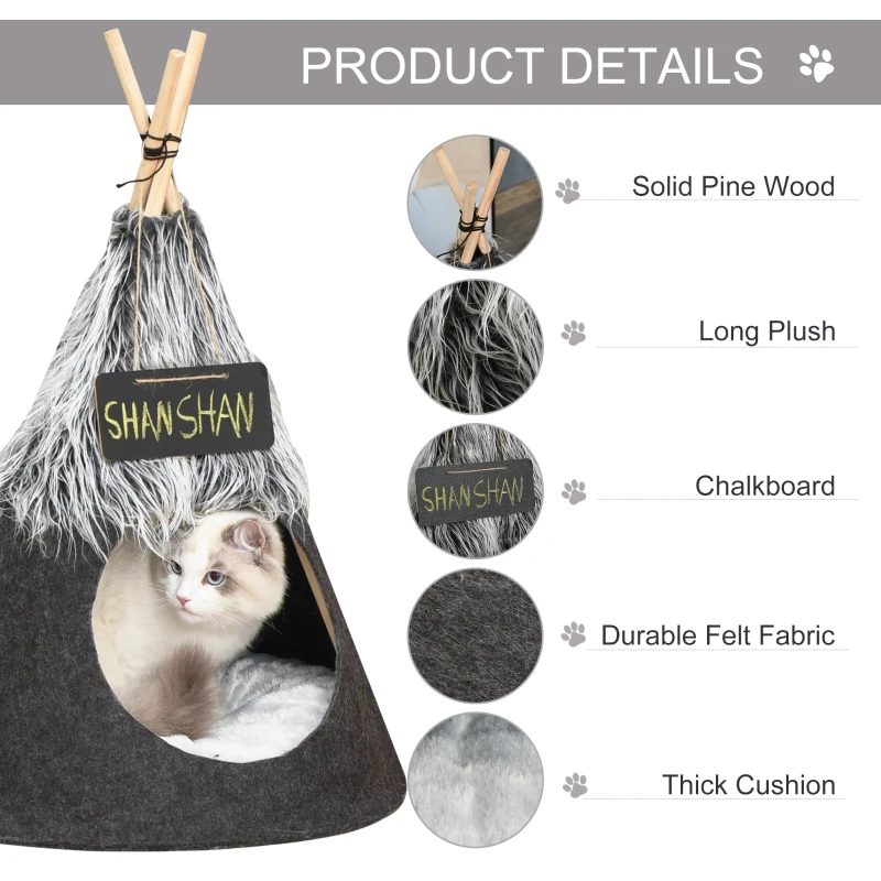 PawHut Pet Teepee Tent Cat Bed Dog House with Thick Cushion Chalkboard for Kitten and Puppy up to 13lbs 28inch Grey