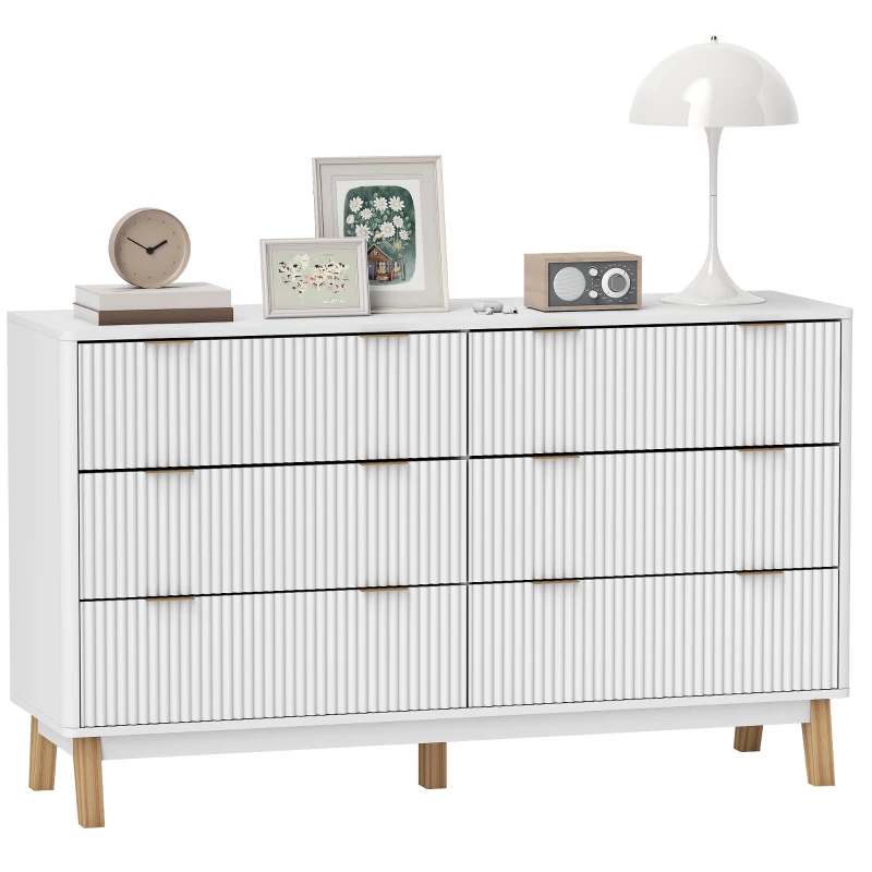 HOMCOM 6 Drawer Double Dresser for Bedroom, Fluted Chest of Drawers with Gold Finger Pulls and 5 Wood Legs, White
