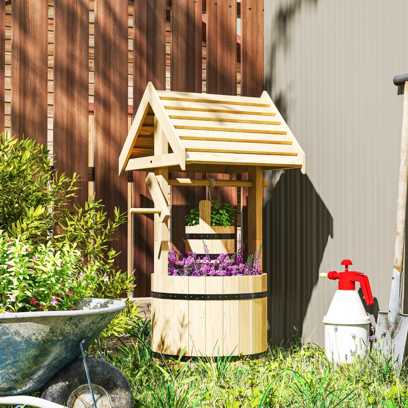 Outsunny Wood Wishing Well Outdoor Wooden Planter with Hanging Bucket and Drainage Hole for Garden, Patio, Backyard, Natural