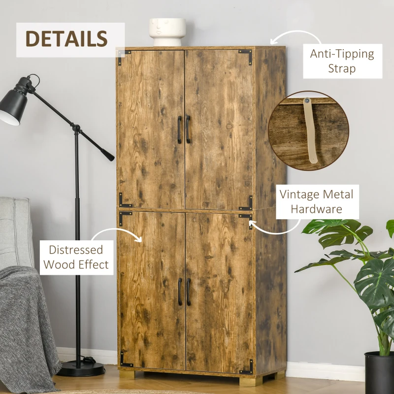 HOMCOM Industrial Kitchen Pantry Cabinet with 4 Doors and Storage Shelves, Freestanding Storage Cabinet, Rustic Wood