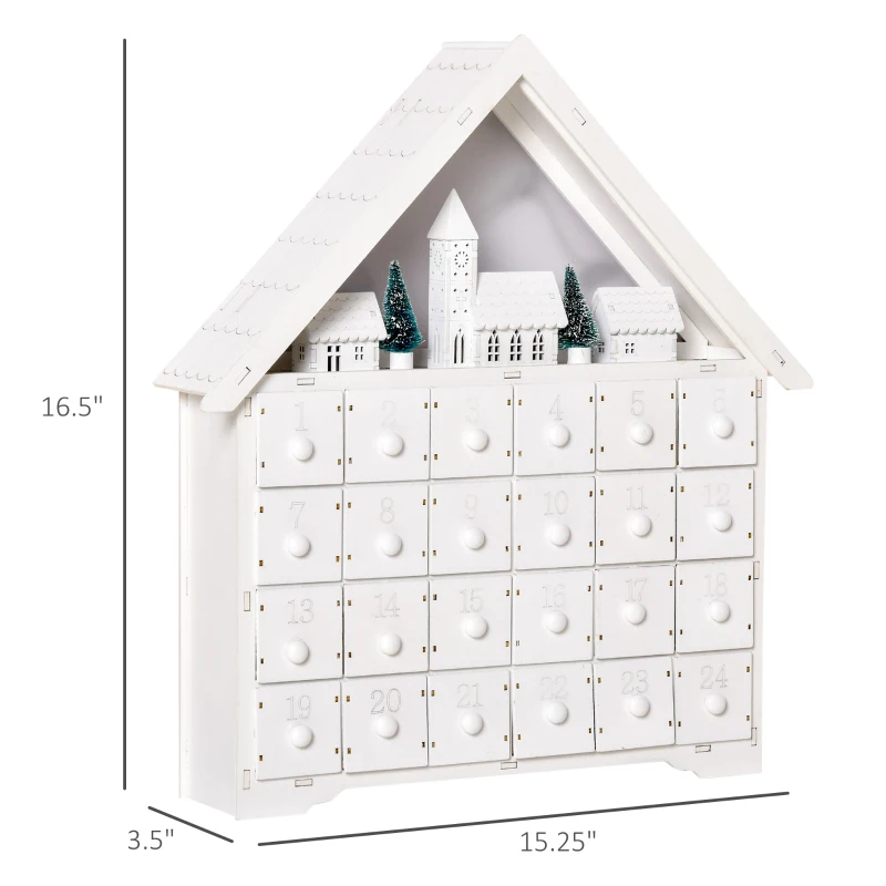 HOMCOM Christmas Advent Calendar, 2022 Light Up Table Xmas Wooden House Holiday Decoration with Countdown Drawer, Village, for kids Adults, White