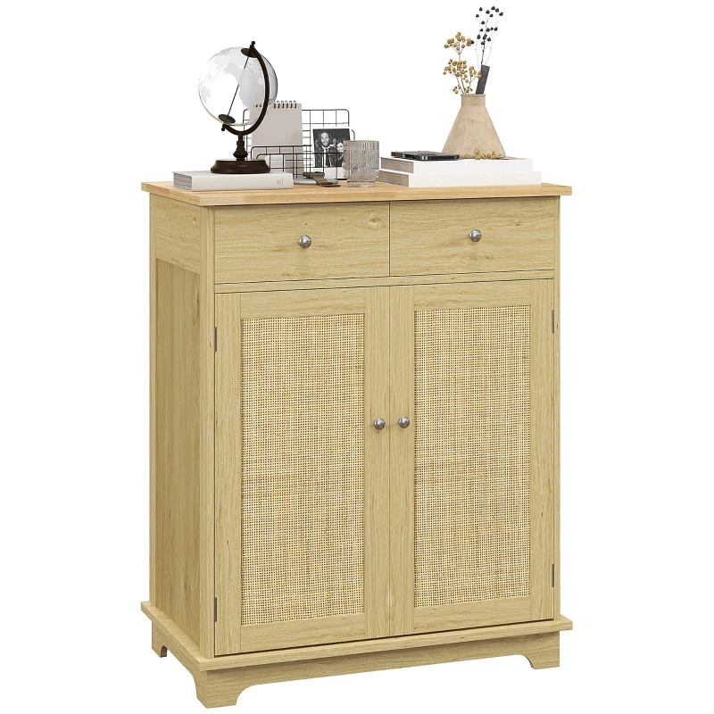HOMCOM Kitchen Storage Cabinet, Sideboard Floor Cupboard with Solid Wood Top, Adjustable Shelf, and 2 Drawers, Natural