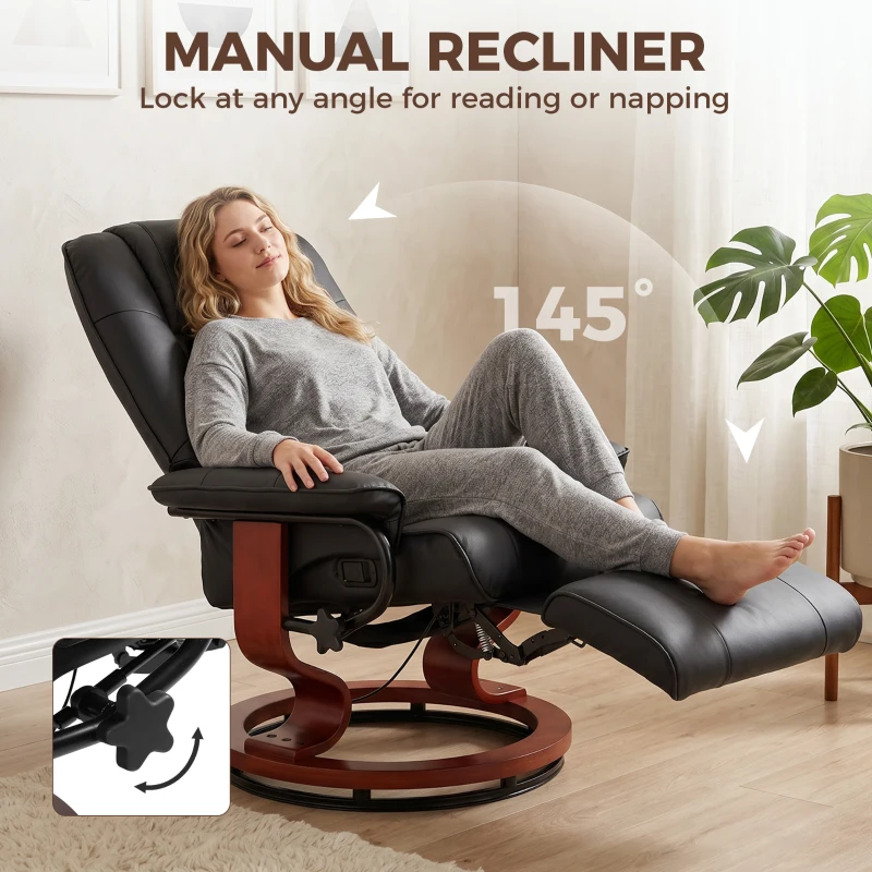 HOMCOM Swivel Recliner Chair, PU Leather Reclining Armchair with Retractable Footrest, Lounge Chair with Wood Base and Adjustable High Back for Small Spaces, Living Room, RV, Bedroom,  Black