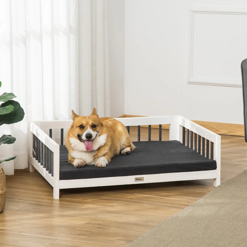 PawHut Wood Dog Bed with Supportive Cushion, Elevated Dog Bed with Removable Cushion Cover, Cute Dog Bed Frame with Pine Wood, Black and White Dog Bed