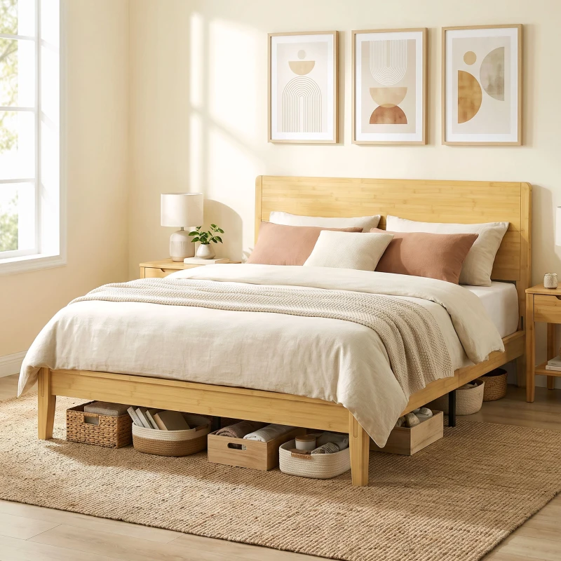 HOMCOM Queen Size Bamboo Platform Bed Frame with Headboard and 12 Poplar Slats, No Box Spring Needed, Easy Assembly, Natural
