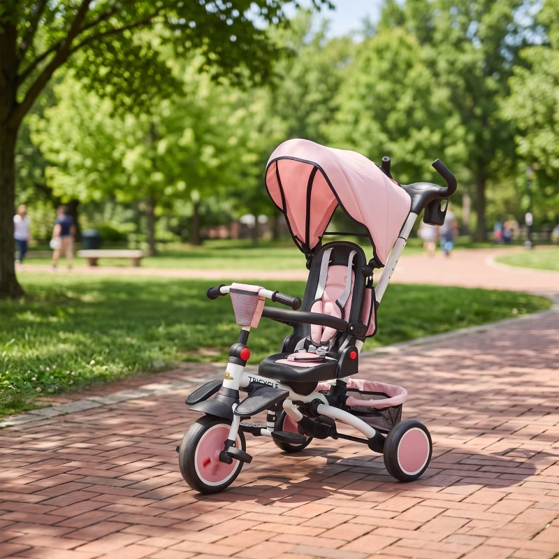 Qaba 6 in 1 Kids Tricycle with Adjustable Push Handle, Removable Canopy, Reversible Seat, for 1-5 Years, Pink