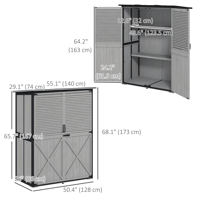 Outsunny Outdoor Storage Cabinet, Wood Garden Shed with Steel Frame, Asphalt Roof, 2 Shelves and Lockable Doors, Grey