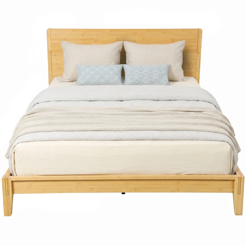 HOMCOM Queen Size Bamboo Platform Bed Frame with Headboard and 12 Poplar Slats, No Box Spring Needed, Easy Assembly, Natural