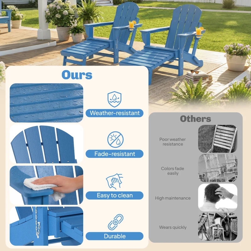 Outsunny Folding Adirondack Chair Set of 2, HDPE Fire Pit Chair with Retractable Ottoman and Cup Holder, Blue