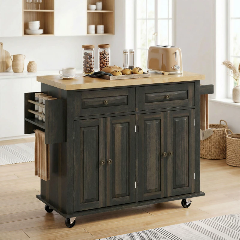 HOMCOM 44" Mobile Kitchen Island Table, Kitchen Island Cart on Wheels with Storage Cabinets, 2 Drawers, Brown