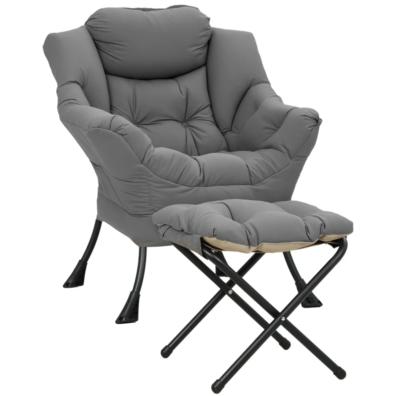 HOMCOM Lazy Chair with Ottoman, Peach Skin Fabric Reading Chair with Foldable Footstool, Plush Cushion, Tufted, Dark Grey