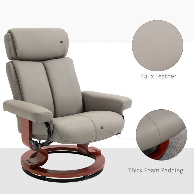 HOMCOM Recliner Chair with Ottoman, 360° Swivel Reclining Chair with Wood Base and Matching Footrest, Grey