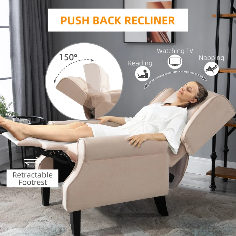 HOMCOM Vibration Massage Recliner Chair for Living Room with Heat,  Wingback Single Sofa, Modern Suede Fabric Push Back Reclining Chair with Footrest, Side Pocket, Beige