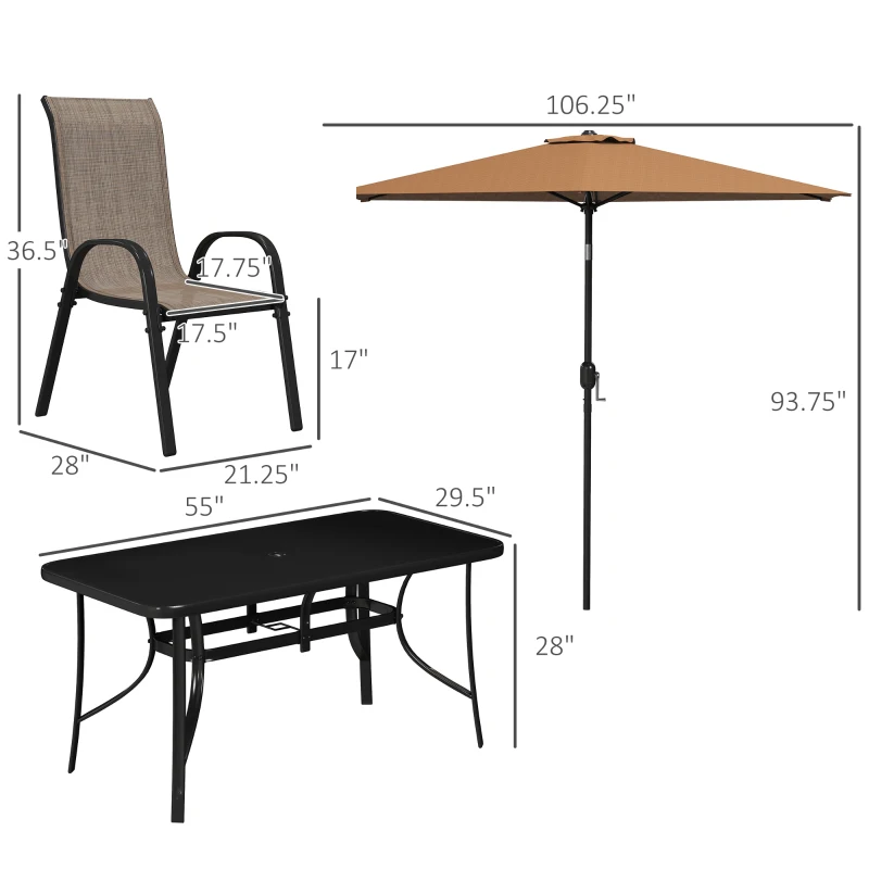 Outsunny 8 Pieces Patio Furniture Set with 9Ft Patio Umbrella, Outdoor Dining Table and Chairs, Light Mixed Brown