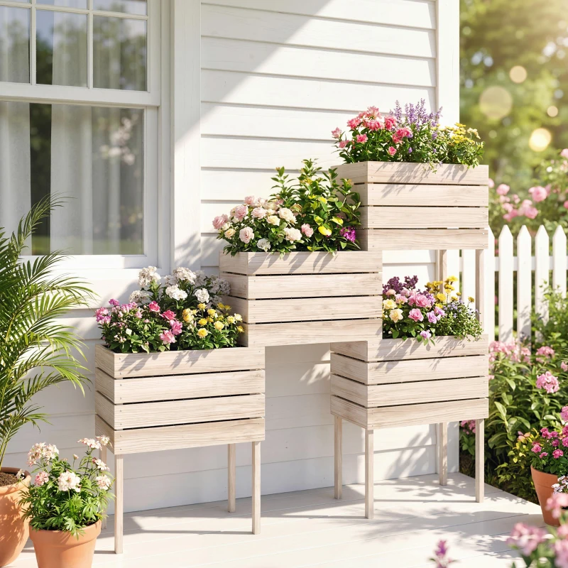 Outsunny 4PCS Wooden Raised Garden Beds Kits Elevated Planter for Outdoor Plants Flowers Vegetables, Raised Garden Boxes