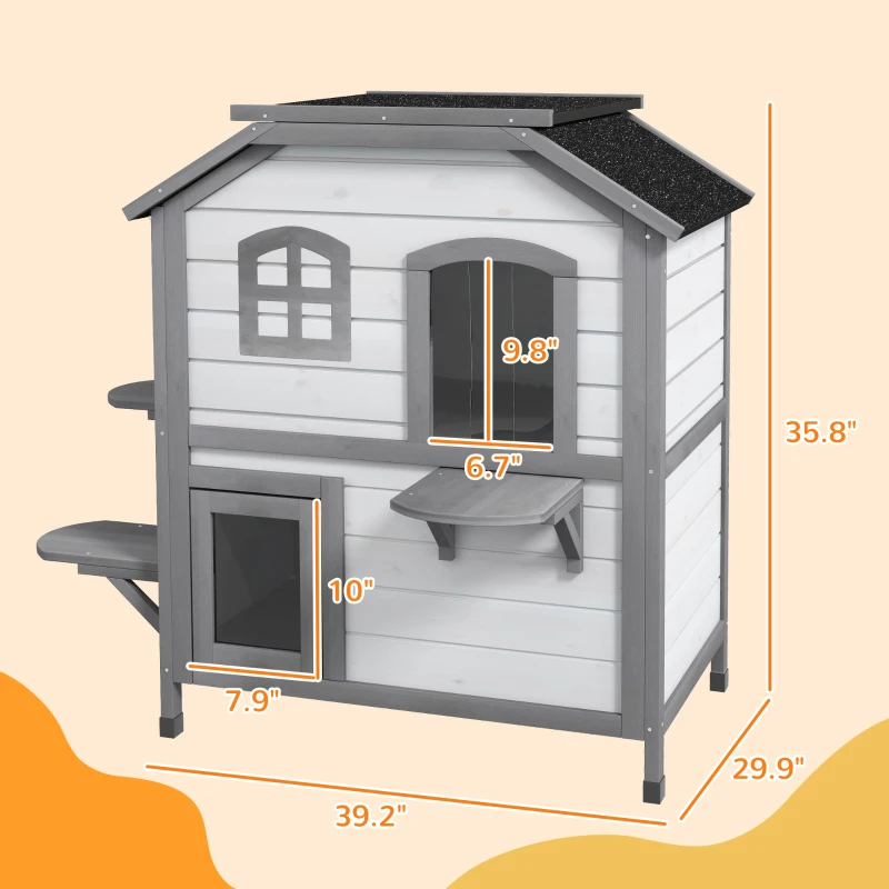 PawHut Wooden 2-Story Outdoor Cat House, Feral Cat Shelter Kitten Condo with Openable Asphalt Roof and 4 Platforms, White