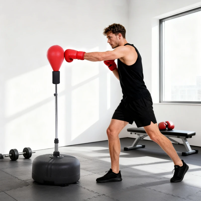 Soozier Free Standing Punching Bag with Stand and Boxing Gloves, Height Adjustable Boxing Bag Set, For Training, Exercise, Fitness & Stress Relief - Red