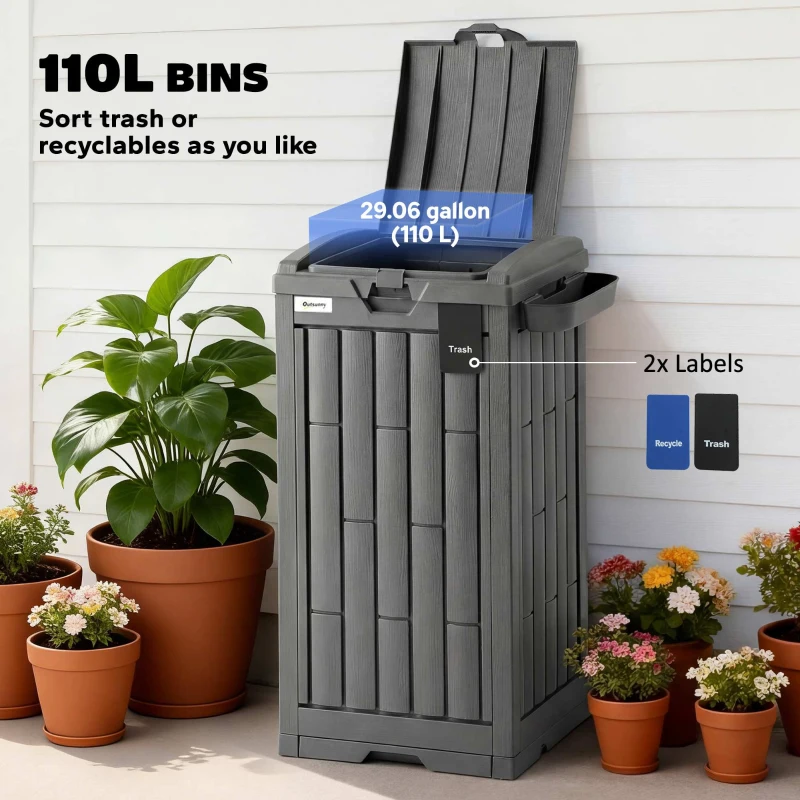 Outsunny 29 Gallon Outdoor Garbage Bin with Dual Lid, Plastic Outdoor Waste Trash Can with Side Holder and Drip Tray, Grey