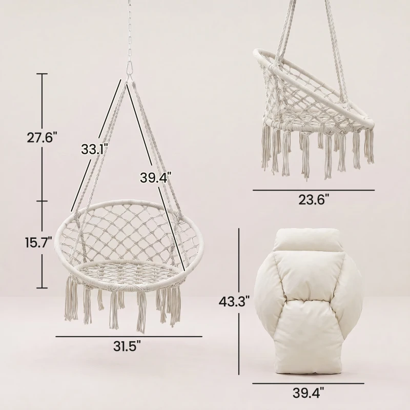 Outsunny Hammock Swing Chair, Macrame Hanging Chair with Large Cushion, Chain, Steel Frame for Indoor Outdoor Use, Cream White