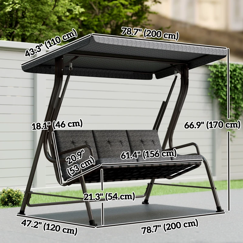 Outsunny 3-Person Porch Swing Chair, Patio Swing Bench with Adjustable Canopy, Removable Thicken Cushion, Black