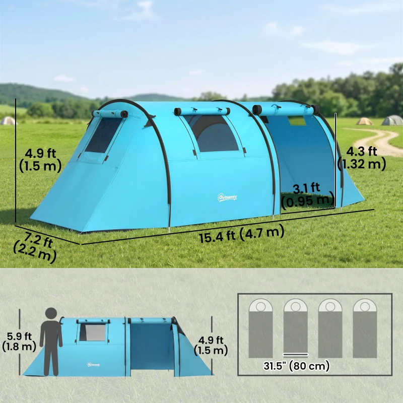 Outsunny 3-4 Person Camping Tent with 2 Rooms, 3000mm Waterproof Portable Family Tent with Carry Bag, Sky Blue
