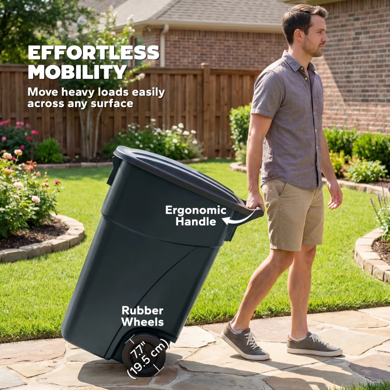 Outsunny Outdoor Garbage Bin with Lid and Wheels, 53 Gallon Large Trash Can Garbage Can with Handle for Patio, Yard, Dark Grey