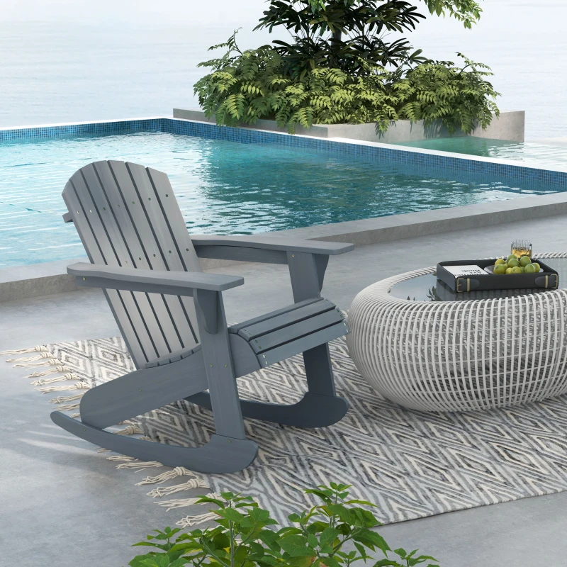 Outsunny Wood Adirondack Outdoor Lounge Rocking Chair Fire Pit Seating with Slatted Wooden Design, Fanned Back, Gray
