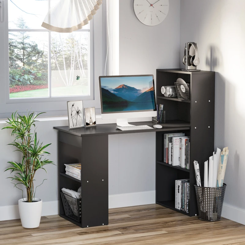 HOMCOM Computer Desk with 6-Tier Storage Shelves, Writing Desk Workstation with Bookshelf for Home Office, Black