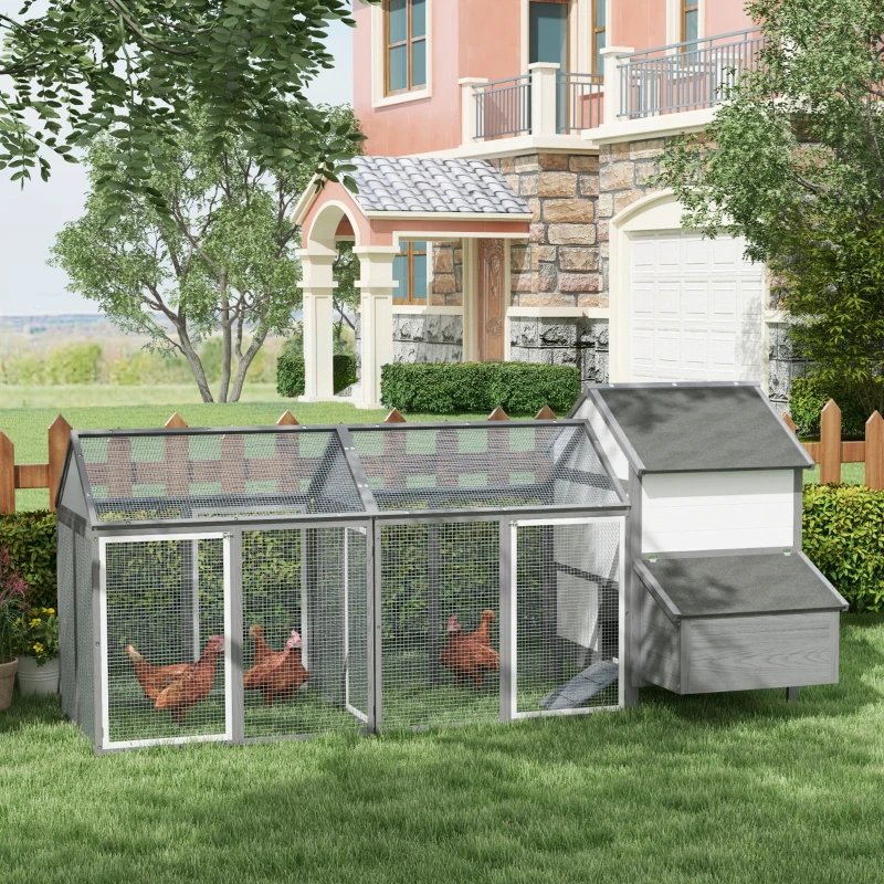 PawHut 97" Chicken Coop Poultry Cage with Double Run, Nesting Box, Gray(m-2)