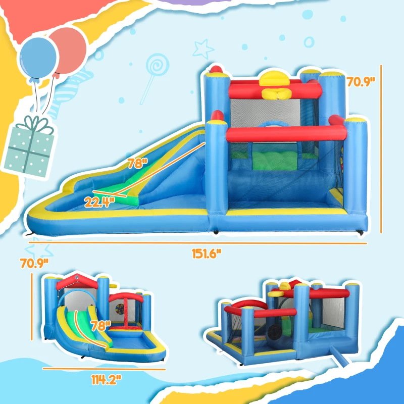 Qaba Inflatable Water Slide Bounce House w/ 550W Blower, Large Trampoline, Splash Pool, Basketball Hoop, Dart Board
