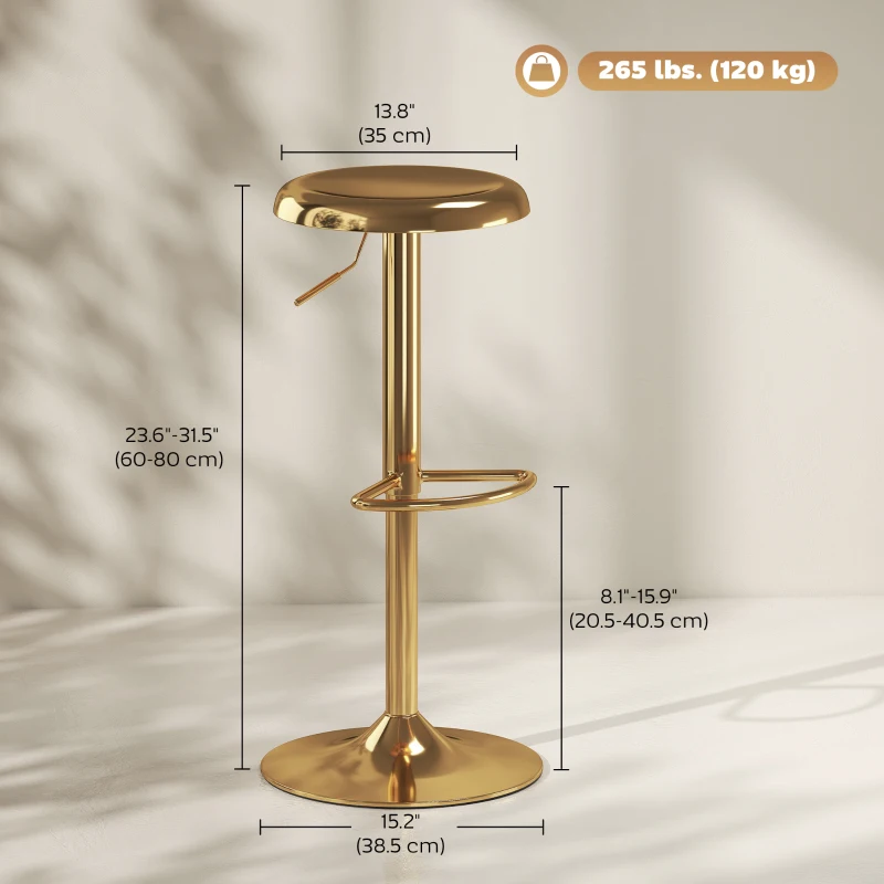 HOMCOM Steel Bar Stools Set of 2, Adjustable Counter Height Round Breakfast Barstools, Industrial Swivel Bar Chairs, Gold