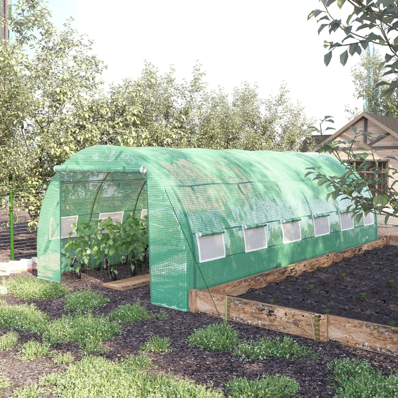 Outsunny Large Walk-in Greenhouse, 20'x10'x6.6' Tunnel Greenhouse with Zippered Door and 12 Roll-up Windows, Outdoor Green House for Garden Plant, Green