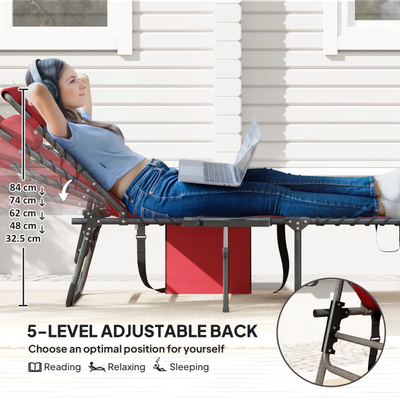 Outsunny Folding Lounge Chair, Outdoor Chaise Lounge Tanning Chair with Adjustable Back, Side Table, Headrest, Red