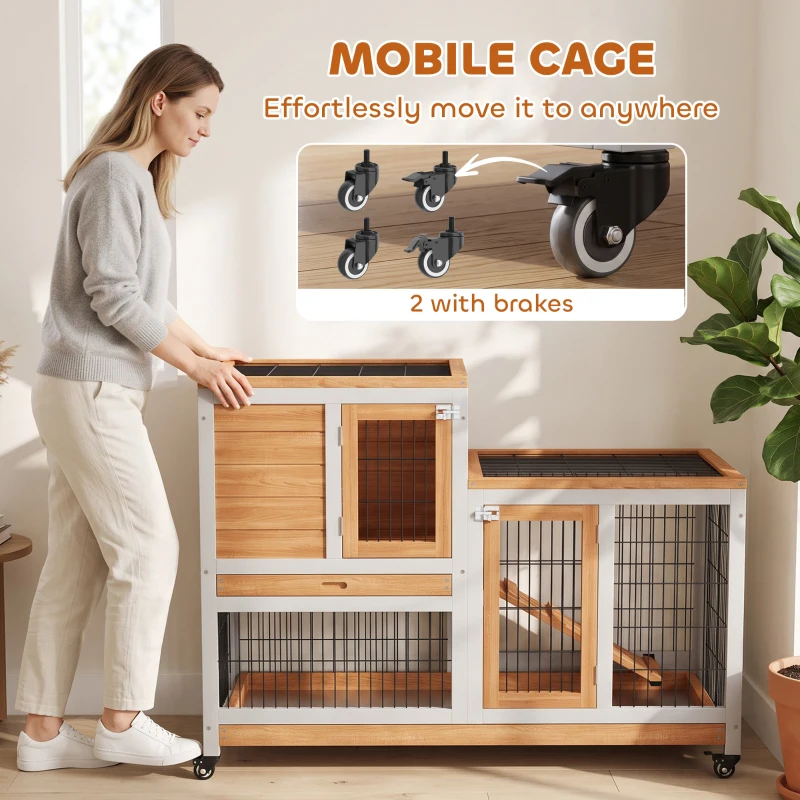 PawHut Wooden Rabbit Hutch, Indoor Bunny Cage with Wheels, Pull Out Trays, Run, Yellow