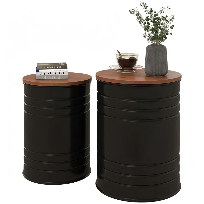 HOMCOM Round Side Table Set of 2, Nesting Coffee Tables w/ Wooden Lid, Metal Frame and Hidden Storage Space for Bedroom, Black